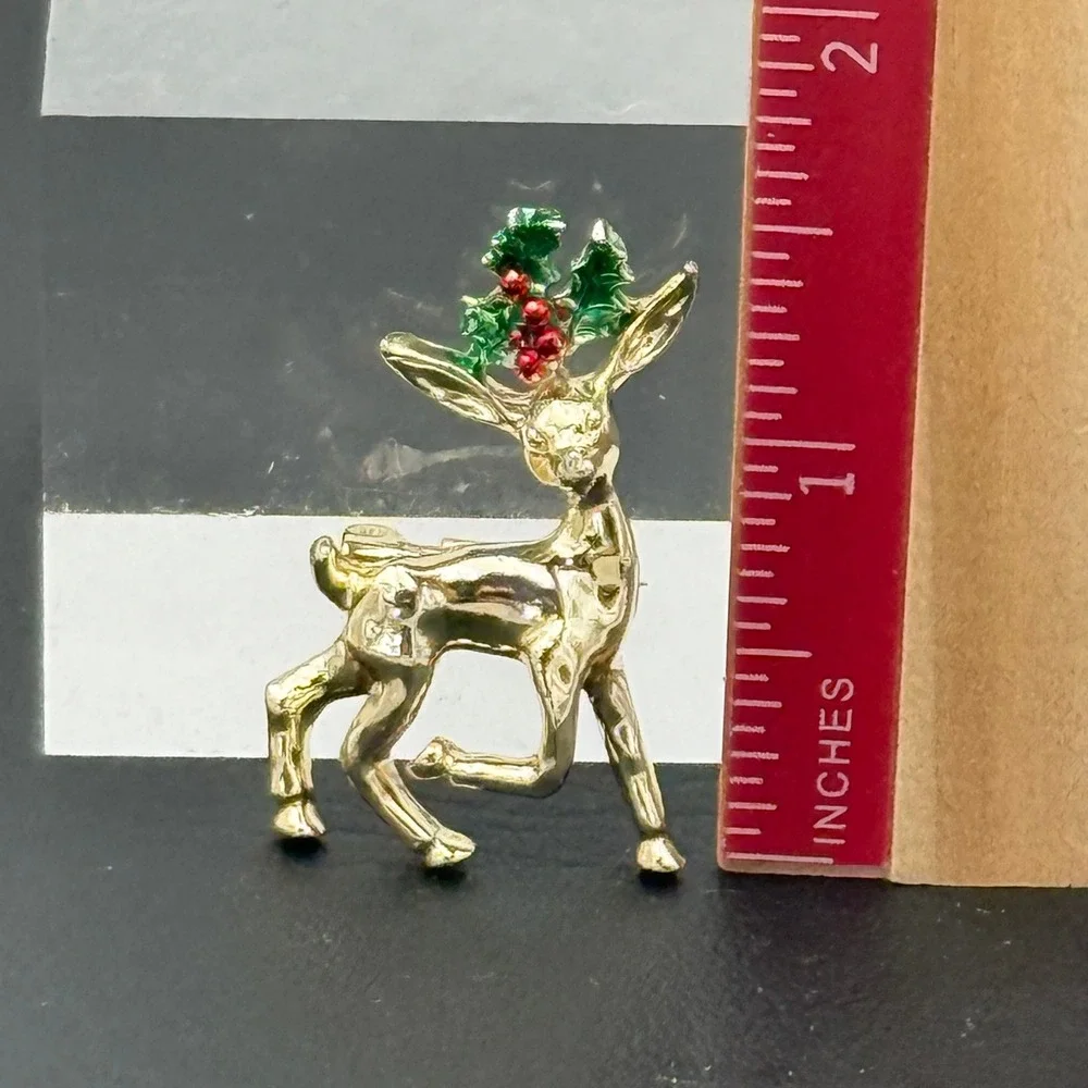 Vintage Gold Tone Christmas Reindeer Brooch Holly Berry Enamel Holiday Pin
